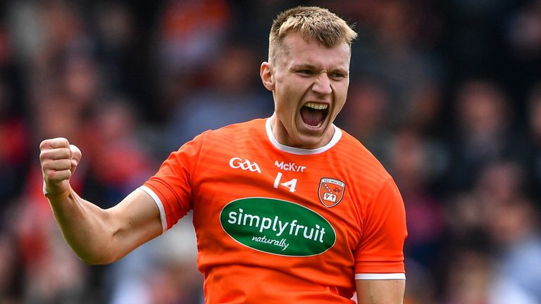 5 June 2022; Rian O'Neill of Armagh celebrates at the final whistle of the GAA Football All-Ireland Senior Championship Round 1 match between Armagh and Tyrone at Athletic Grounds in Armagh. Photo by Ben McShane/Sportsfile
