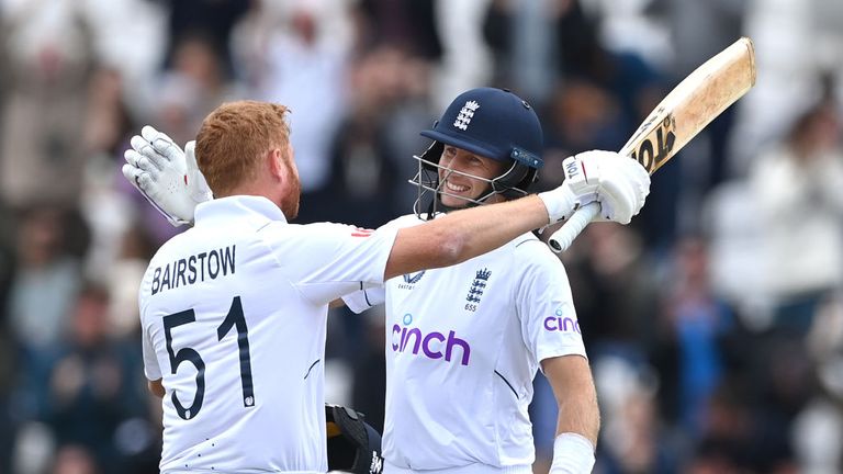 Jonny Bairstow and Joe Root celebrate England's third Test win over New Zealand