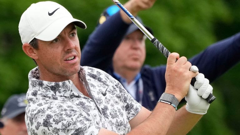 Rory McIlroy, of Northern Ireland, watches his shot on the third hole during the first round of the U.S. Open golf tournament at The Country Club, Thursday, June 16, 2022, in Brookline, Mass. (AP Photo/Charles Krupa) 