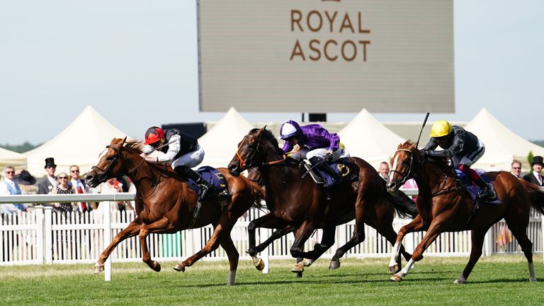 Kyprios (red cap) wins the Ascot Gold Cup, beating Mojo Star and Stradivarius