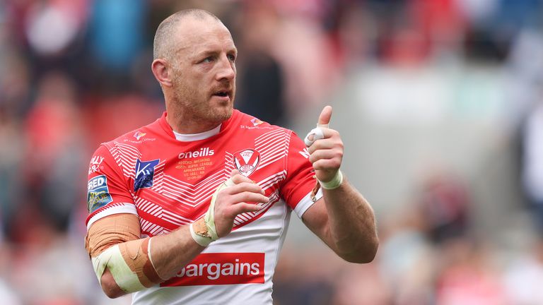 Picture by Paul Currie/SWpix.com - 12/06/2022 - Rugby League - Betfred Super League Round 15 - St Helens v Hull KR - The Totally Wicked Stadium, St Helens, England - St Helens' James Roby celebrates at full time