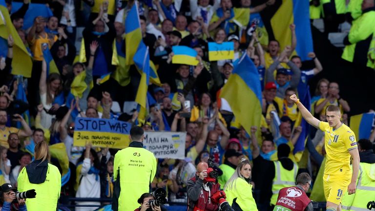 Ukraine&#39;s Artem Dovbyk celebrates after scoring