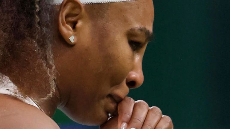 Serena Williams of United States reacts during the Ladies' singles first round against Aliaksandra Sasnovich of Belarus in the Championships, Wimbledon at the All England Lawn Tennis and Croquet Club in London, United Kingdom on June 29, 2021.    ( The Yomiuri Shimbun via AP Images )