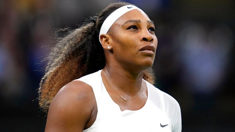 Serena Williams of the US plays Aliaksandra Sasnovich of Belarus for the women's singles first round match on day two of the Wimbledon Tennis Championships in London, Tuesday June 29, 2021. (AP Photo/Kirsty Wigglesworth)             