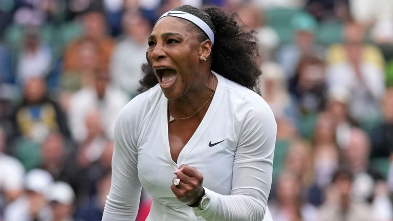 Serena Williams of the US celebrates after winning a point against France&#39;s Harmony Tan in a first round women&#39;s singles match on day two of the Wimbledon tennis championships in London, Tuesday, June 28, 2022. (AP Photo/Alberto Pezzali)