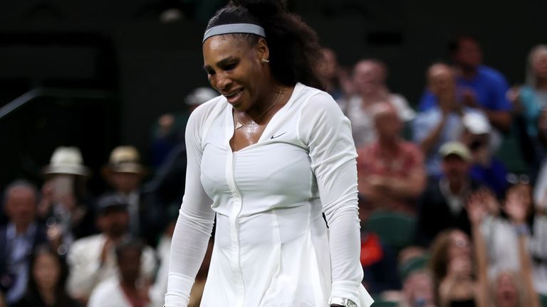 Serena Williams of The United States reacts after losing against Harmony Tan of France during their Women's Singles First Round Match on day two of The Championships Wimbledon 2022 at All England Lawn Tennis and Croquet Club on June 28, 2022 in London, England. (Photo by Clive Brunskill/Getty Images)