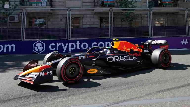 Red Bull driver Sergio Perez of Mexico steers his car during the third free practice at the Baku circuit, in Baku, Azerbaijan, Saturday, June 11, 2022. The Formula One Grand Prix will be held on Sunday. (AP Photo/Sergei Grits)