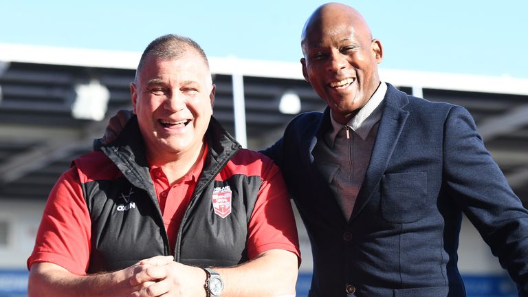 Picture by Simon Wilkinson/SWpix.com - 04/03/2022 - International Rugby League - England Rugby League Preview - England RL V Exiles X111 Coaches Shaun Wane ( England RL ) and Ellery Hanley at Halliwell Jones Stadium, Warrington )