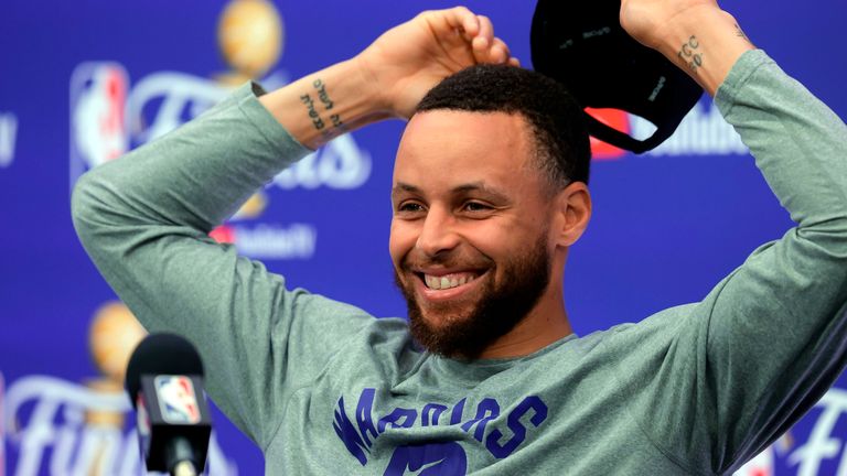 Golden State Warriors guard Stephen Curry cur a relaxed figure at the press conference ahead of Game 4