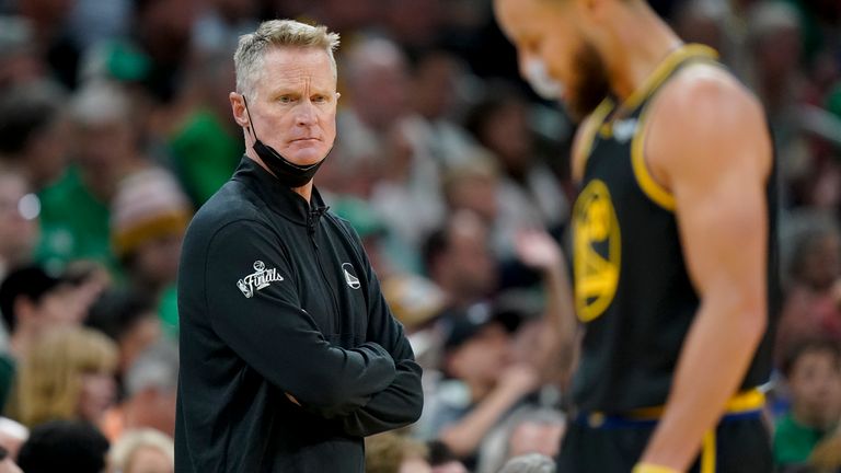 Golden State Warriors head coach Steve Kerr glares on the sideline during Game 3