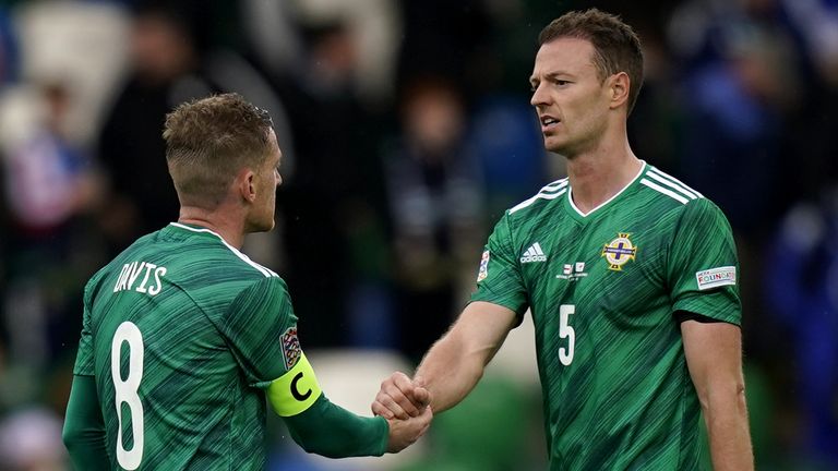 Northern Ireland's Steven Davis and Jonny Evans shake hands after the Nations League draw with Cyprus