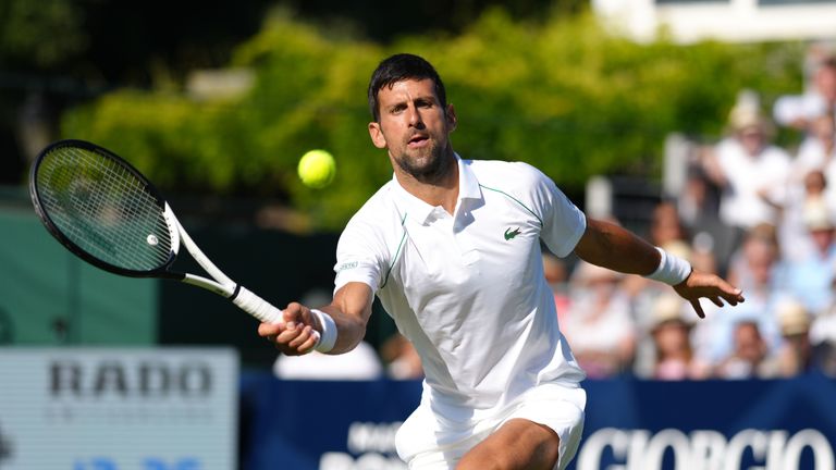 Novak Djokovic during his ATP EXHO singles match against Felix Auger Aliassime on day two of the Giorgio Armani Tennis Classic at the Hurlingham tennis club. Picture date: Wednesday June 22, 2022.