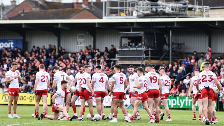 5 June 2022; Tyrone players before the GAA Football All-Ireland Senior Championship Round 1 match between Armagh and Tyrone at Athletic Grounds in Armagh. Photo by Ben McShane/Sportsfile