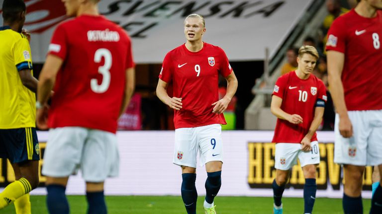 Norway&#39;s Erling Haaland celebrates after scoring