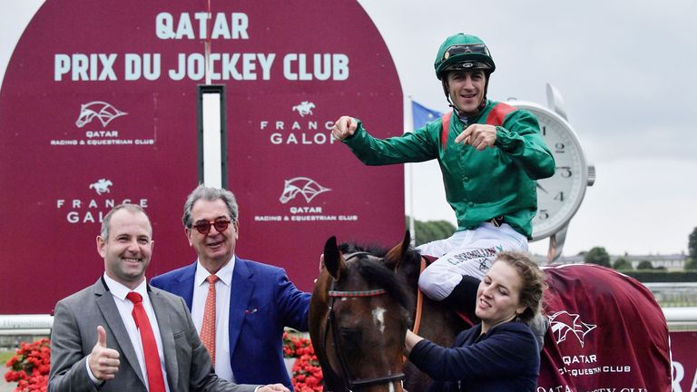 Christophe Soumillon gestures to French Derby hero Vadeni at Chantilly