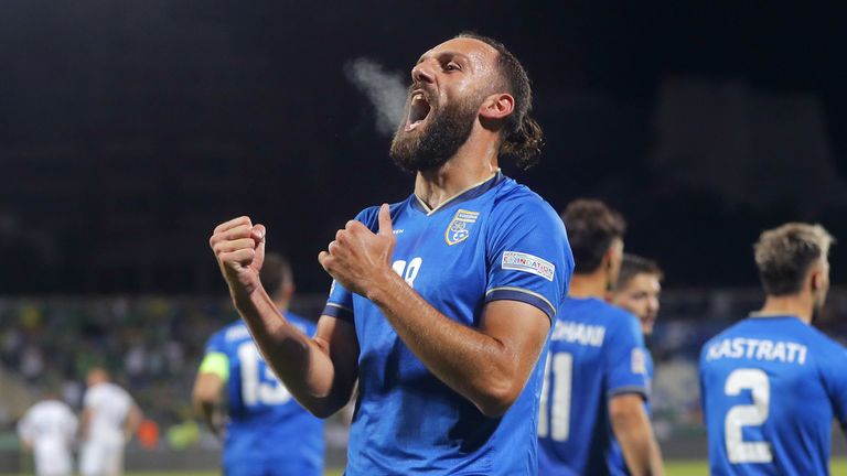 Vedat Muriqi celebrates scoring against Northern Ireland for Kosovo