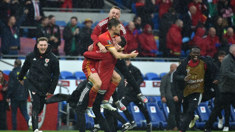 Wales players celebrate at the final whistle