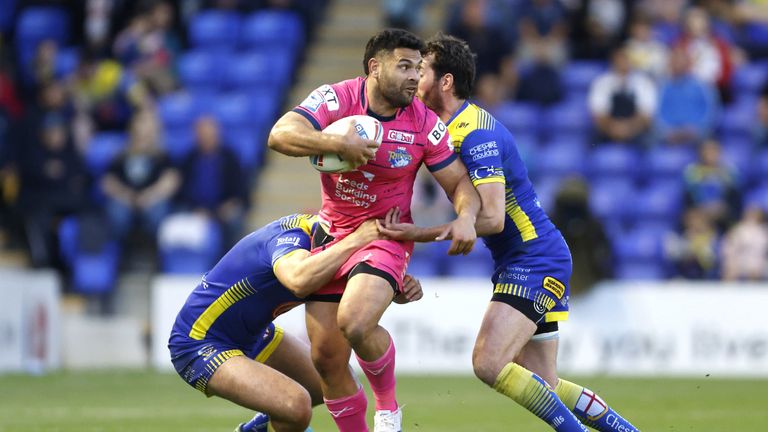Leeds Rhinos&#39; Rhyse Martin is tackled during the Betfred Super League match at the Halliwell Jones Stadium, Warrington. Picture date: Friday June 3, 2022.