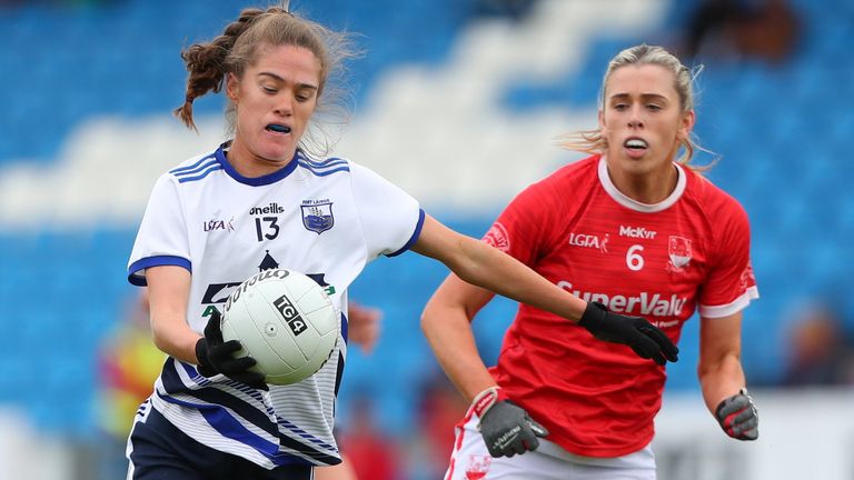 25 June 2022; Katie Murray of Waterford in action against Maire O'Callaghan of Cork during the TG4 All-Ireland SFC Group D Round 3 fixture between Cork and Waterford at MW Hire O...Moore Park in Portlaoise, Co Laois. Photo by Michael P Ryan/Sportsfile 