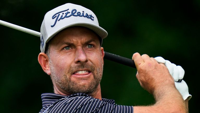 Webb Simpson watches his shot on the 12th hole during the first round of the Travelers Championship golf tournament at TPC River Highlands, Thursday, June 23, 2022, in Cromwell, Conn. (AP Photo/Seth Wenig)