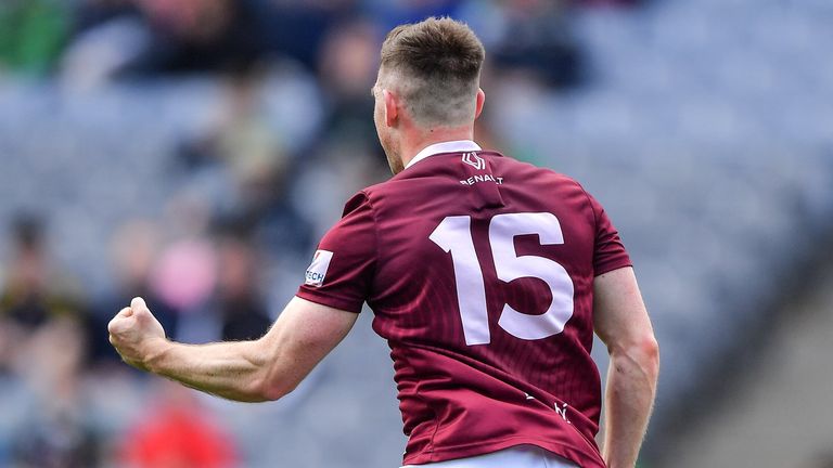 19 June 2022; Lorcan Dolan of Westmeath celebrates scoring his side's second goal, in the 22nd minute, during the Tailteann Cup Semi-Final match between Westmeath and Offaly at Croke Park in Dublin. Photo by Ray McManus/Sportsfile
