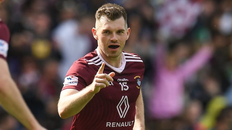 19 June 2022; Lorcan Dolan of Westmeath celebrates with team mate James Dolan after scoring their side's second goal during the Tailteann Cup Semi-Final match between Westmeath and Offaly at Croke Park in Dublin. Photo by George Tewkesbury/Sportsfile