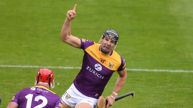18 June 2022; Jack O'Connor of Wexford celebrates after scoring his side's first goal during the GAA Hurling All-Ireland Senior Championship Quarter-Final match between Clare and Wexford at the FBD Semple Stadium in Thurles, Tipperary. Photo by Daire Brennan/Sportsfile