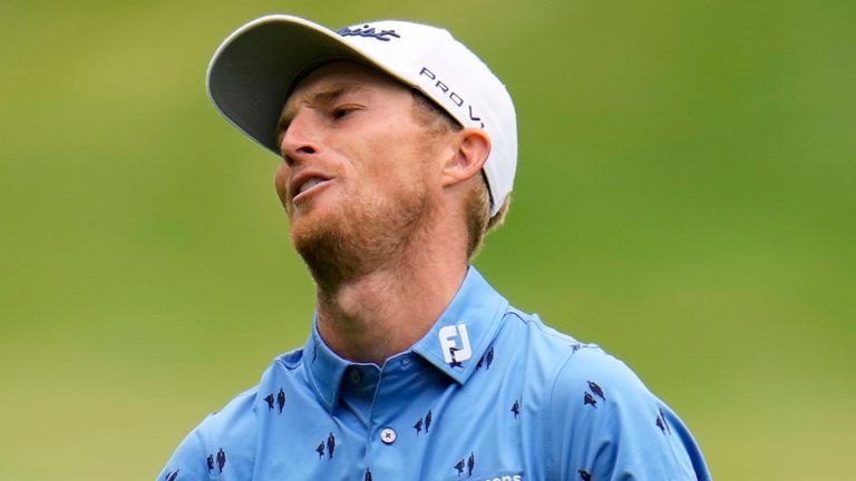 Will Zalatoris reacts after a shot on the fourth hole during the final round of the U.S. Open golf tournament at The Country Club, Sunday, June 19, 2022, in Brookline, Mass. (AP Photo/Julio Cortez)