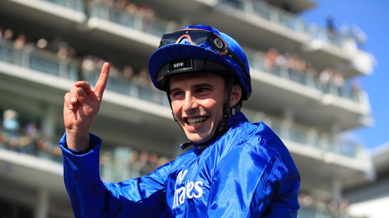 William Buick celebrates after Masar's victory in the 2018 Derby