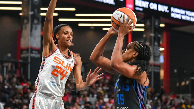 Atlanta forward Monique Billings (25) attempts to shoot over Connecticut forward DeWanna Bonner (24) during the WNBA game between the Connecticut Sun and the Atlanta Dream on June 26th, 2022 at Gateway Center Arena in College Park, GA.