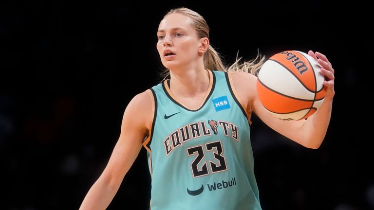 New York Liberty guard Marine Johannes during the second half of a WNBA basketball game against the Seattle Storm, Sunday, June 19, 2022, in New York. The Storm won 81-72. (AP Photo/Mary Altaffer)


