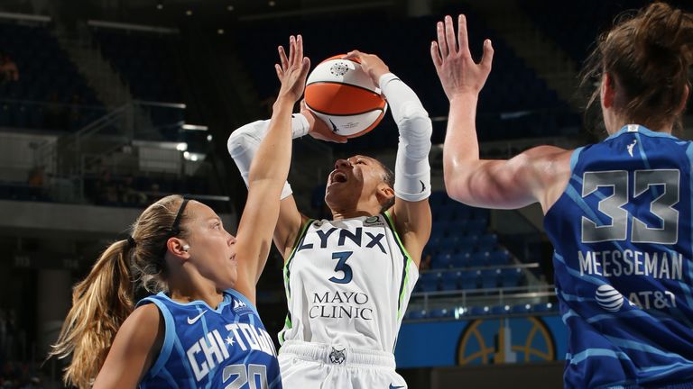 June 26: Aerial Powers #3 of the Minnesota Lynx shoots the ball during the game against the Chicago Sky on June 26, 2022 at the Wintrust Arena in Chicago, IL. 