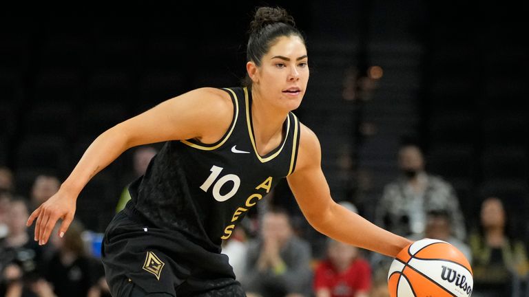 Las Vegas Aces&#39; Kelsey Plum drives against the Dallas Wings during the second half of a WNBA basketball game Sunday, June 5, 2022, in Las Vegas. 
