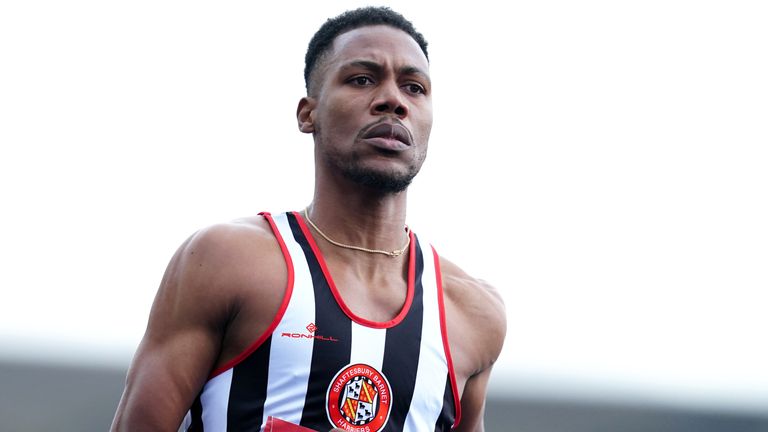 Zharnel Hughes in action at the British Championships in Manchester