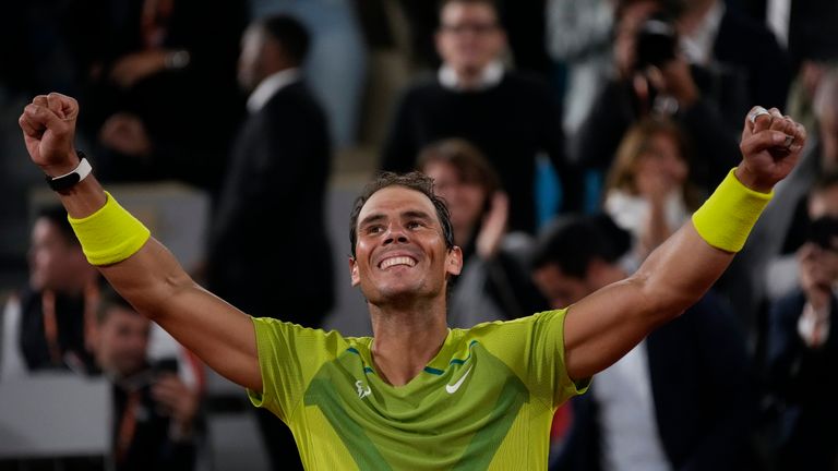Spain&#39;s Rafael Nadal celebrates winning his quarterfinal match against Serbia&#39;s Novak Djokovic in four sets, 6-2, 4-6, 6-2, 7-6 (7-4), at the French Open tennis tournament in Roland Garros stadium in Paris, France, Wednesday, June 1, 2022. 