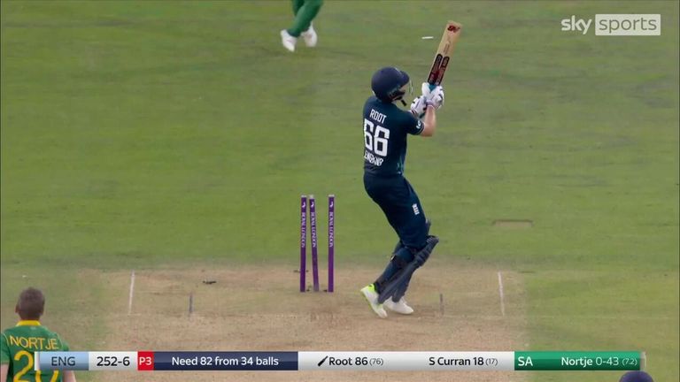 Joe Root is bowled by Anrich Nortje in South Africa's series-opening victory over England in Durham.
