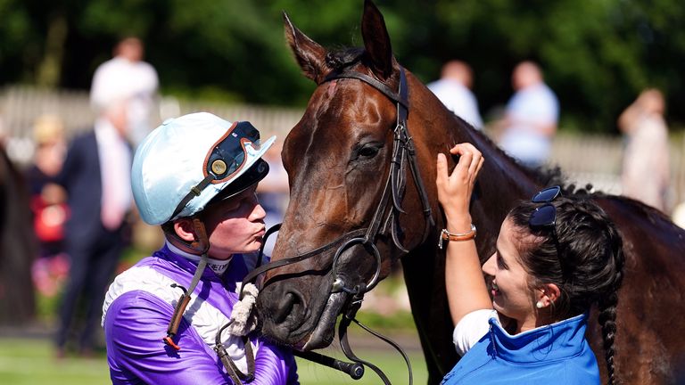 Jockey Rob Hornby after winning the Darley July Cup Stakes on Alcohol Free on Darley July Cup Day of the Moet and Chandon July Festival at Newmarket racecourse, Suffolk. Picture date: Saturday July 9, 2022.