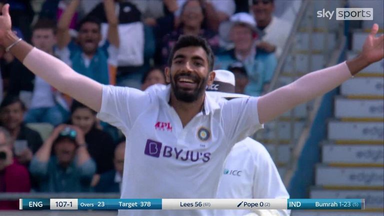 Jasprit Bumrah finally gets the breakthrough for India, bowling out Zak Crawley for 46.