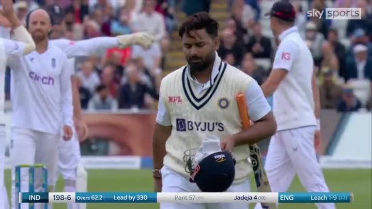 England take the wicket of Rishabh Pant as he reverse sweeps straight into the hands of Joe Root at slip. 