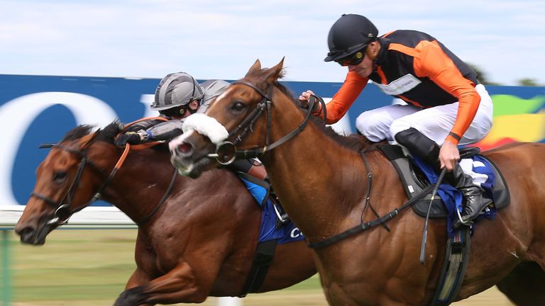 Raasel (right) ridden by James Doyle wins The Coral Charge during The Coral Summer Festival at Sandown Park, Esher. Picture date: Saturday July 2, 2022.
