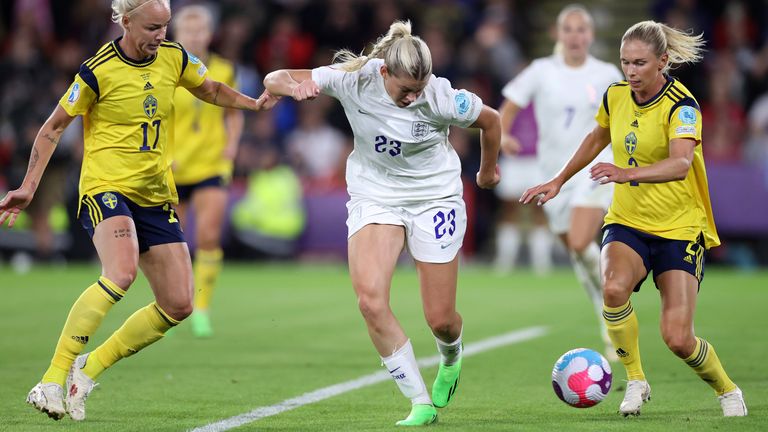 Alessia Russo adds England&#39;s third goal against Sweden with an outrageous backheel in the Euro 2022 semi-final at Bramall Lane