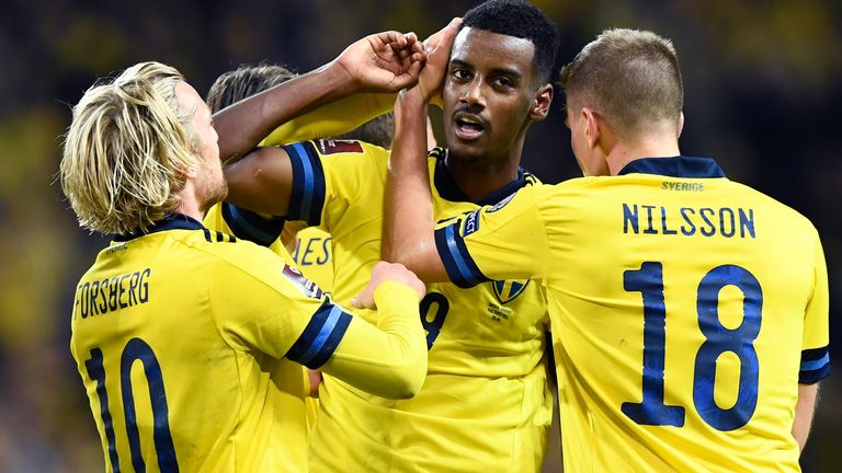 Sweden's Alexander Isak celebrates his goal 1-0 with team players during the 2022 FIFA World Cup European Qualifying Group B football match between Sweden and Kosovo, at Friends Arena in Stockholm, Sweden, on Oct. 09, 2021..Photo: Erik Simander/TT kod 11720...