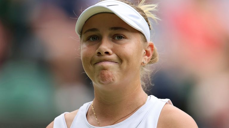 Amanda Anisimova of United States of America reacts during the game of the ladies' singles quarter-finals match against Simona Halep of Romania in the Championships, Wimbledon at All England Lawn Tennis and Croquet Club in London, the United Kingdom on July 6, 2022. ( The Yomiuri Shimbun via AP Images )