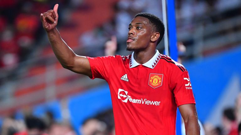 Anthony Martial celebrates after scoring during the pre-season friendly match between Liverpool and Manchester United at Rajamangala Stadium on July 12, 2022 in Bangkok