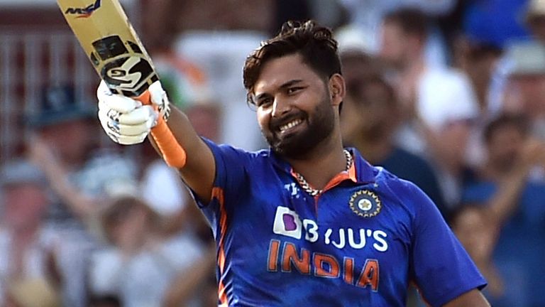 India's Rishabh Pant celebrates after reaching a century during the third one day international cricket match between England and India at Emirates Old Trafford cricket ground in Manchester, England, Sunday, July 17, 2022. (AP Photo/Rui Vieira)
