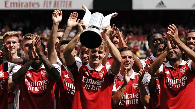 Martin Odegaard lifts the Emirates Cup for Arsenal 