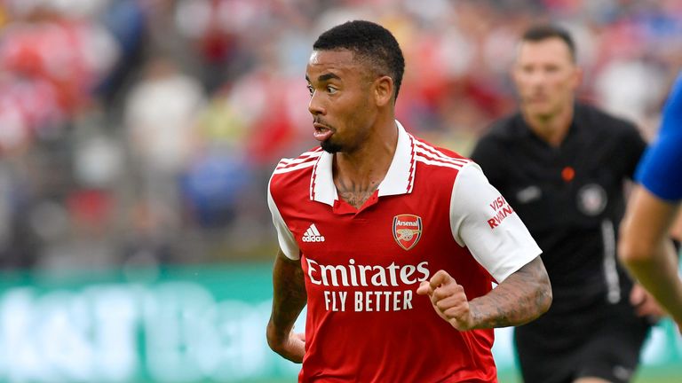 BALTIMORE, MD - JULY 16: Arsenal forward Gabriel de Jesus (9) sets up the second goal of the game during The Charm City Match between Arsenal and Everton at M&T Bank Stadium on July 16, 2022 in Baltimore, MD. (Photo by Randy Litzinger/Icon Sportswire) (Icon Sportswire via AP Images)
