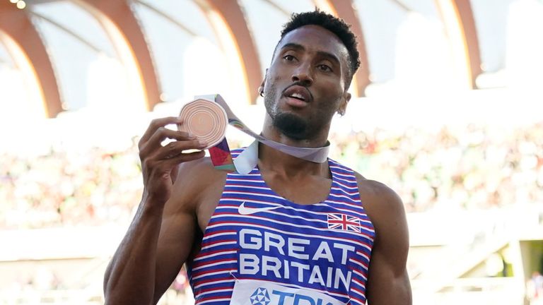 Matt Hudson-Smith, shows off his 400m bronze medal at the 2022 World Championships in Oregon (Associated Press)