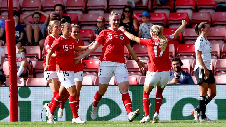 Austria celebrates its first goal against Northern Ireland