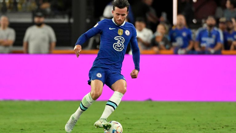 Chelsea defenseman Ben Chilwell runs with the ball against Club Am..rica during the first half of a soccer match Saturday, July 16, 2022, in Las Vegas. (AP Photo/David Becker)